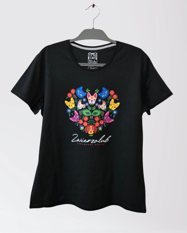 T-shirt damski - Zwierzolub - pieski kotki - wzór folkowy - L