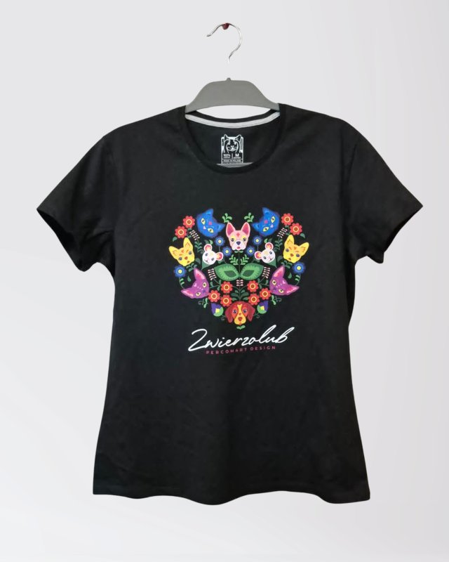 T-shirt damski - Zwierzolub - pieski kotki - wzór folkowy - M