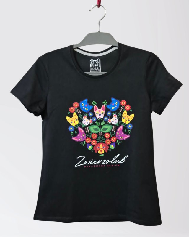 T-shirt damski - Zwierzolub - pieski kotki - wzór folkowy - S