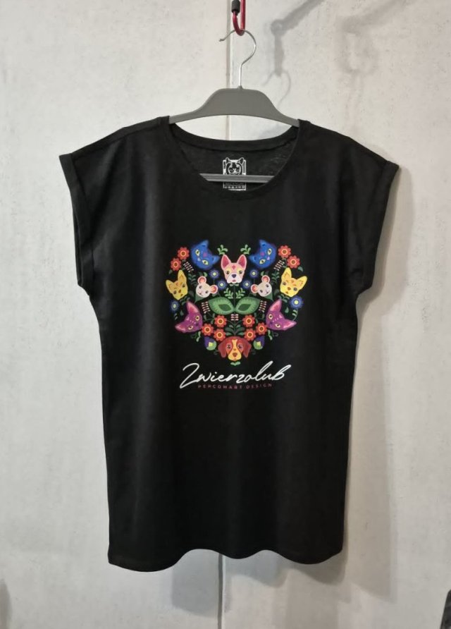 T-shirt damski - Zwierzolub - pieski kotki - wzór folkowy - S