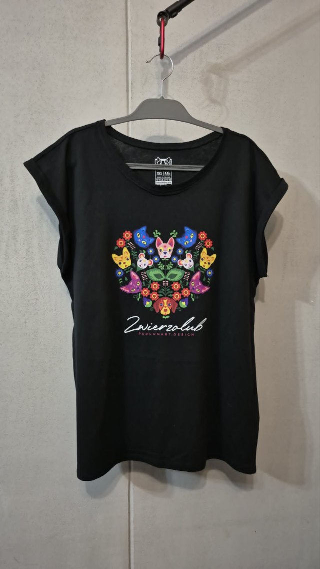 T-shirt damski - Zwierzolub - pieski kotki - wzór folkowy - XXL