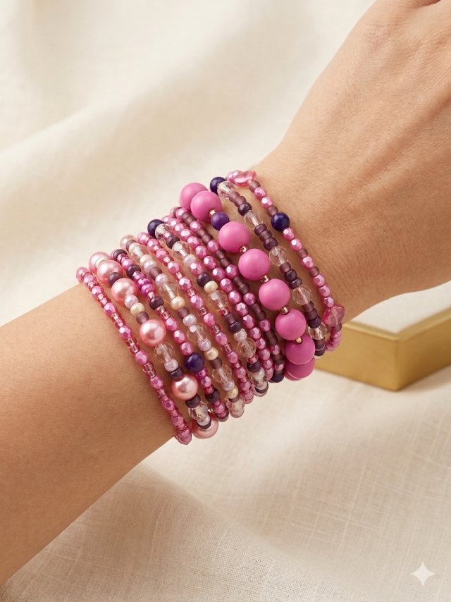 Zestaw 11 Bransoletek Koralikowych Boho - Róż i Fiolet
