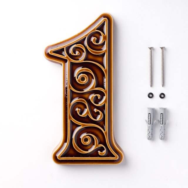 Ceramiczny numer domu, cyfra 1 miodowo-brązowa, do przykręcenia