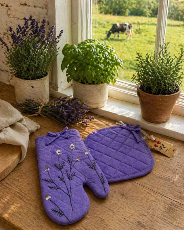 Rękawica kuchenna lniana z haftem stokrotek + łapka | prezent do kuchni handmade