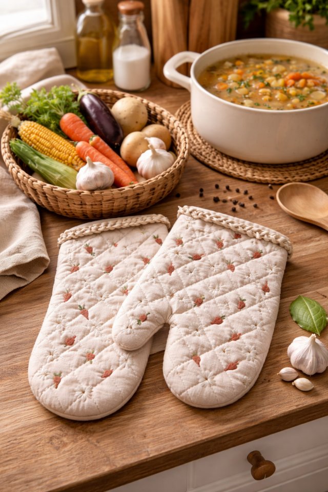 Rękawice kuchenne 2 szt. z haftem marchewek i stokrotek | prezent handmade do kuchni