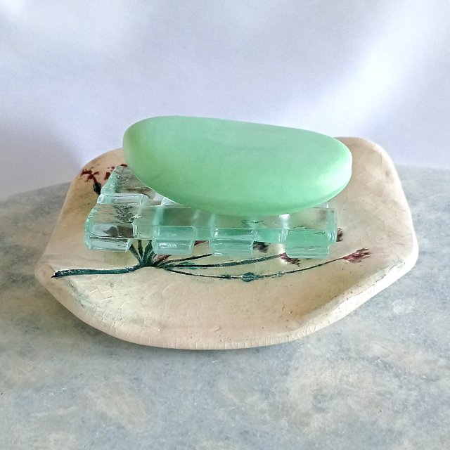 Mydelniczka ceramiczna ze szklaną podstawką | motyw roślinny | handmade