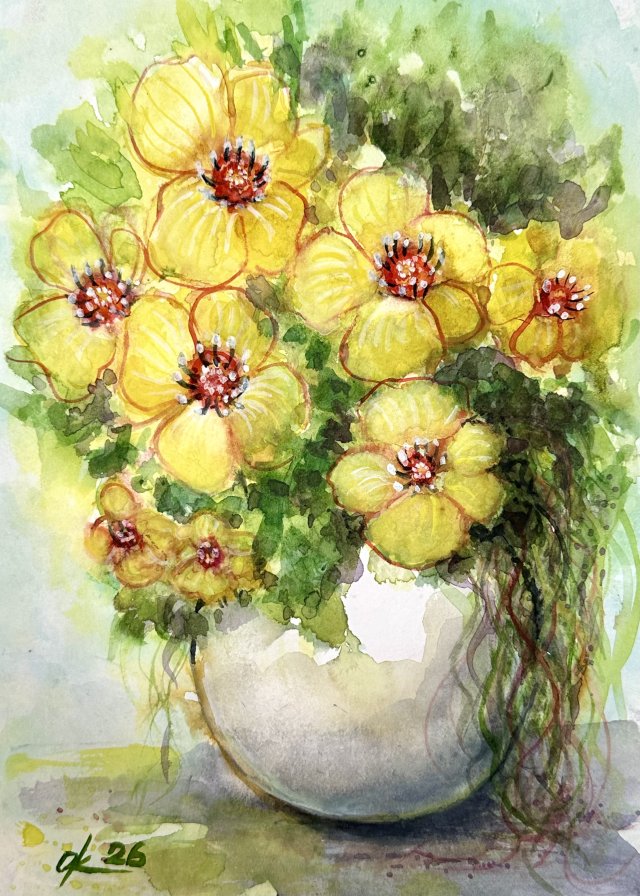 Żółte kwiaty Original Akwarela A4