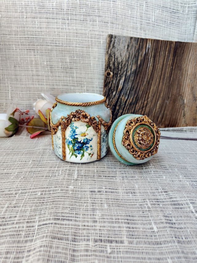 Rustykalny słoik decoupage Błękitna Łąka