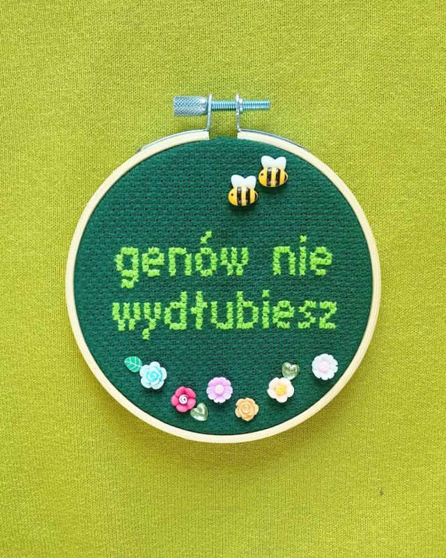 Genów nie wydłubiesz, haft na tamborku, gotowy do zawieszenia