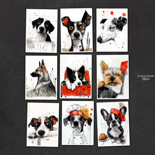 Psy rysunkowe - zestaw 9 grafik 15x21 cm