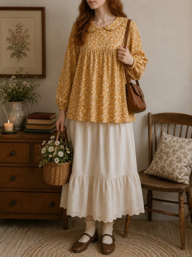 Bluzka vintage żółta w kwiaty z kołnierzykiem retro romantyczna Floral Cottage