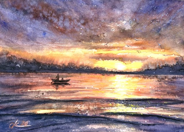 Zachód słońca w lagunie. Original Akwarela A4