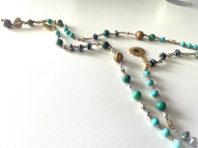 Letni Ogród – Szydełkowany naszyjnik / bransoletka 2w1 z jaspisem i perłą seashell, boho