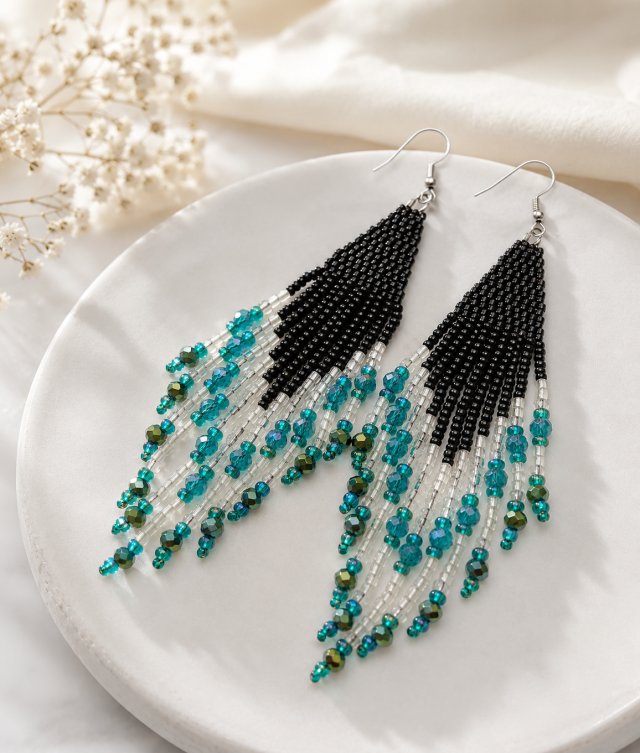 Długie kolczyki chwosty ze szkła i stali (11 cm) | Ręcznie robiona biżuteria boho-chic