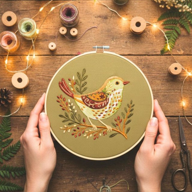 Ptaszek folk - haft w tamborku 20 cm