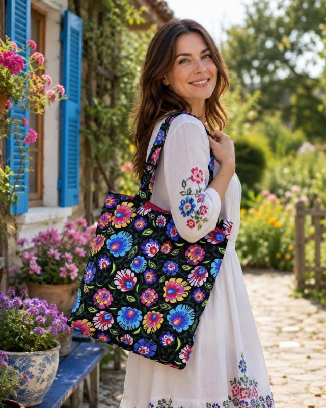 Torba na zakupy shopperka ekologiczna torba zakupowa na ramię bawełniana torba łowicka folk