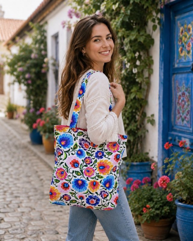 Torba na zakupy shopperka ekologiczna torba zakupowa na ramię bawełniana torba łowicka folk