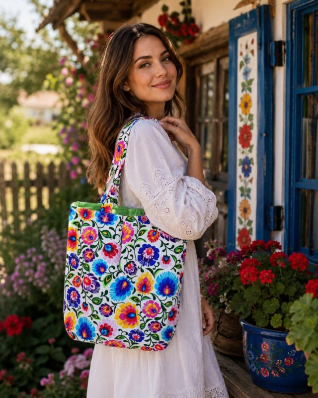 Torba na zakupy shopperka ekologiczna torba zakupowa na ramię bawełniana torba łowicka folk