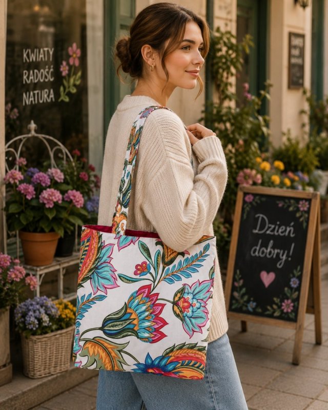 Torba na zakupy shopperka ekologiczna torba zakupowa na ramię bawełniana torba kwiaty osty