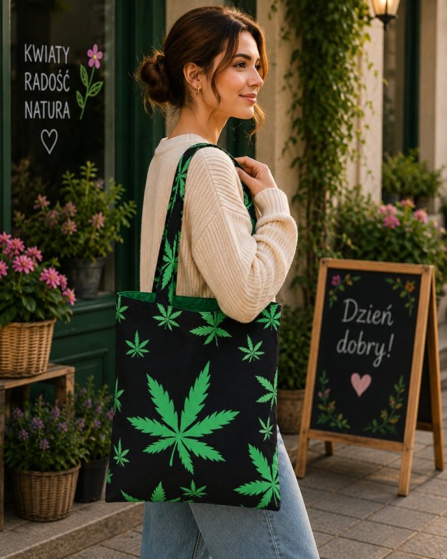 Torba na zakupy shopperka ekologiczna torba zakupowa na ramię bawełniana torba liście konopii