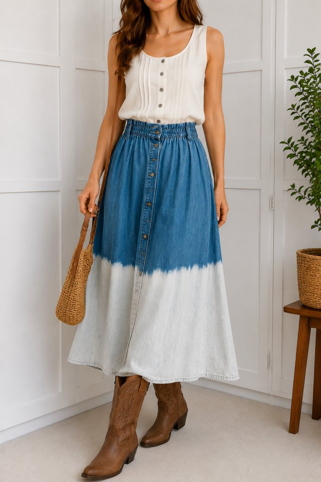 Jeansowa spódnica ombre S/M ręcznie wybielana 100% bawełna boho wysoki stan guziki