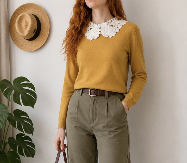Vintage musztardowy sweter z koronkowym kołnierzem | Dzianina retro boho