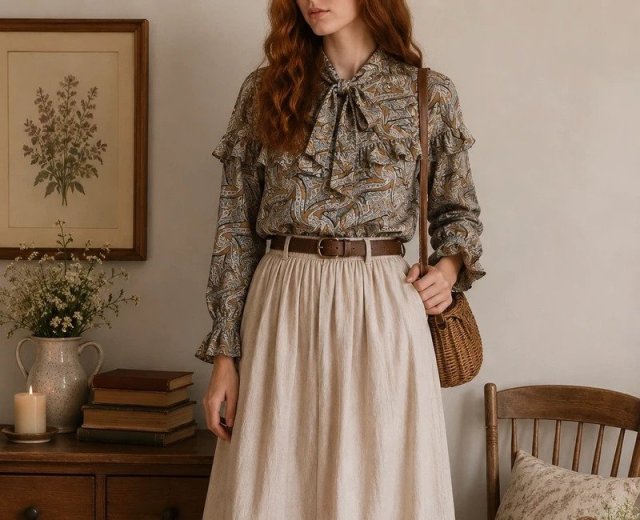 Bluzka Cottage vintage wzory retro boho wiązanie pod szyją falbanki M/L Cottage