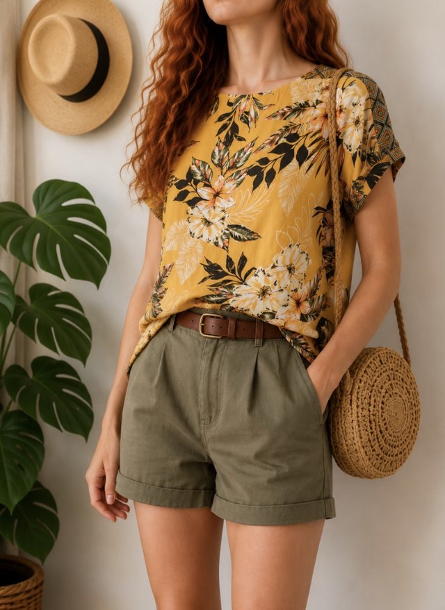 Wiskozowa bluzka vintage w tropikalny print | Musztardowa boho XL