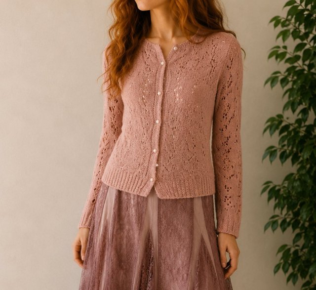 Sweter Rozpinany Ażurowy Coquette Vintage Avant Garde S/M Pudrowy róż kardigan