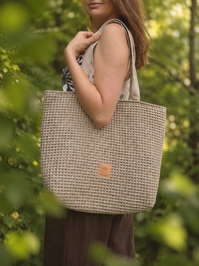 Torba shopper z plecionki typu wafel Beżowa