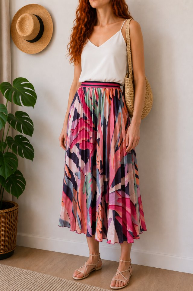 Plisowana spódnica midi kolorowy print tropical abstract art rozkloszowana L XL