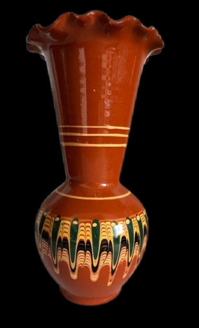 Wazon ceramiczny PRL ręcznie zdobiony 20 cm | folk vintage retro Cottage