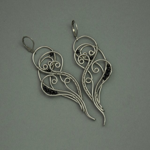 Długie kolczyki czarny agat, wire wrapping, stal chirurgiczna