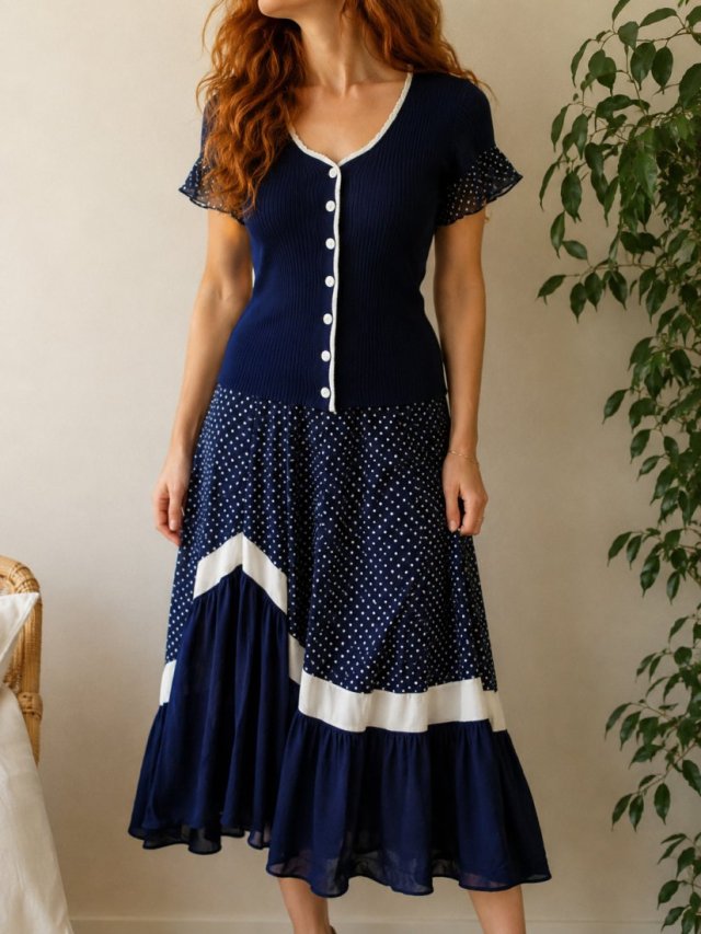Sukienka Maxi Vintage 80s Granatowa Grochy Italy Retro M