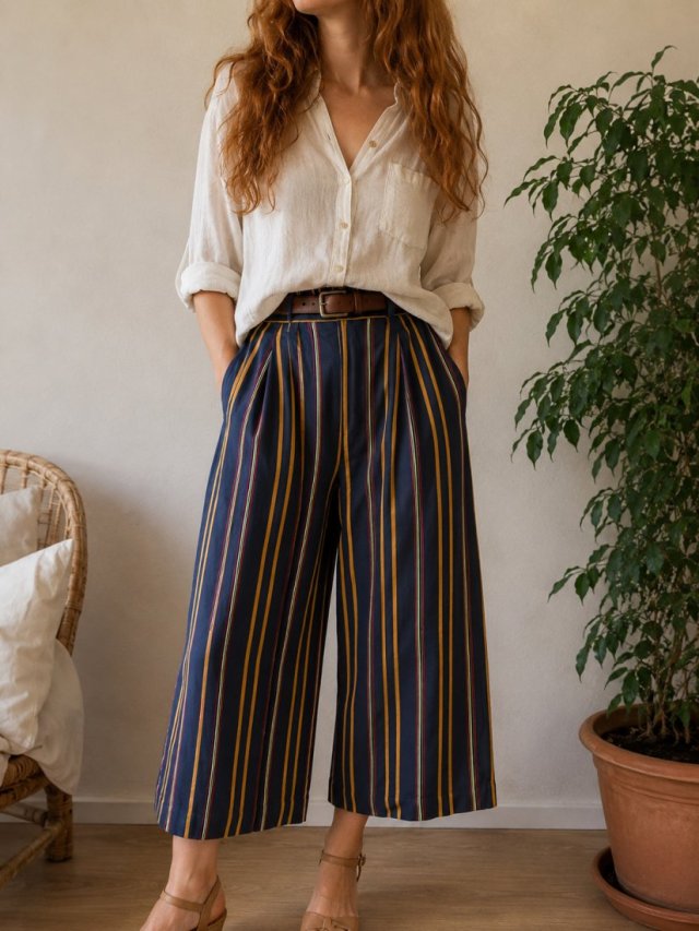 Spodnie Culotte Kuloty Vintage Paski High Waist Szerokie Nogawki L UK14