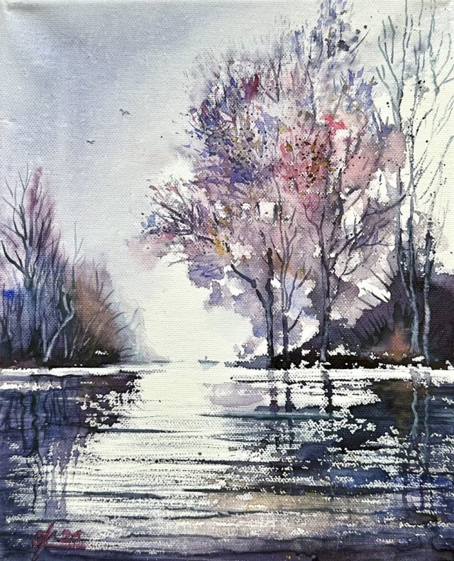 Cisza odpoczynku Oryginalna akwarela na płótnie 24x30cm