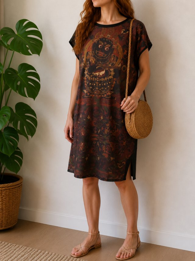 Boho Artistic tunic, black print Unique dress tunika sukienka koszulka Medicine