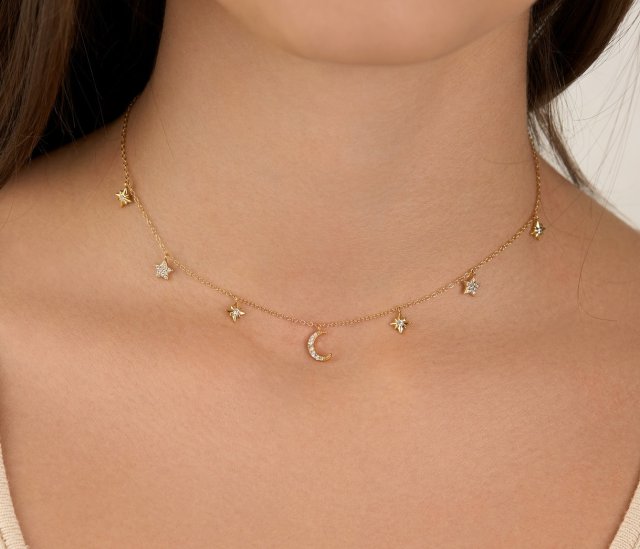 Choker/ naszyjnik cyrkonie "Moon-Stars"- srebro 925 pozłacane