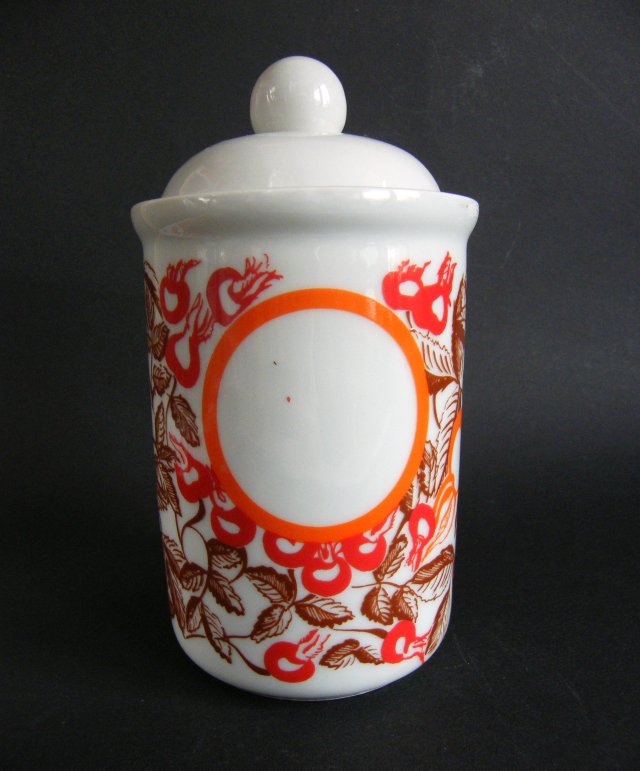 Pojemnik z przykrywką do kuchni, porcelana Bogucice, wzór dzika róża