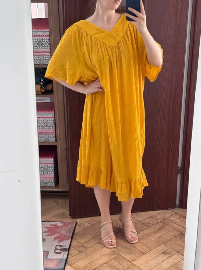 Musztardowa sukienka Roaman's 4X 100% bawełna z falbankami oversize 8XL / 56 / 28