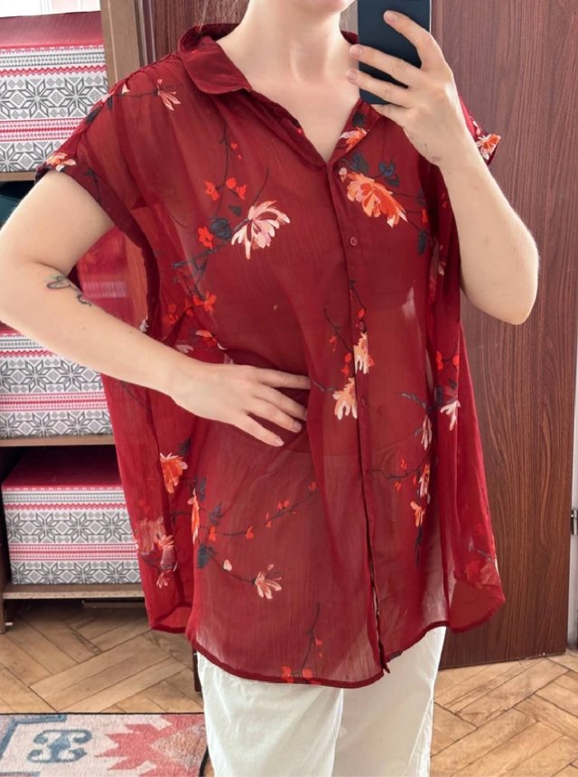 Bordowa koszula oversize w kwiaty Ava & Viv krótki rękaw plus size 7XL / 54 / 26