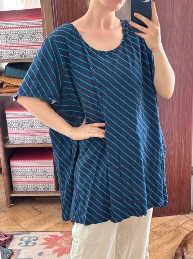 Granatowa bluzka w turkusowe paski Roaman's (30/32) bawełniana oversize 9XL / 58 / 30