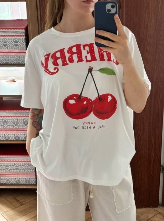 Koszulka pin up retro owoce nadruk vintage streetwear letnia wygodna luźna Shein 6XL / 52 / 24