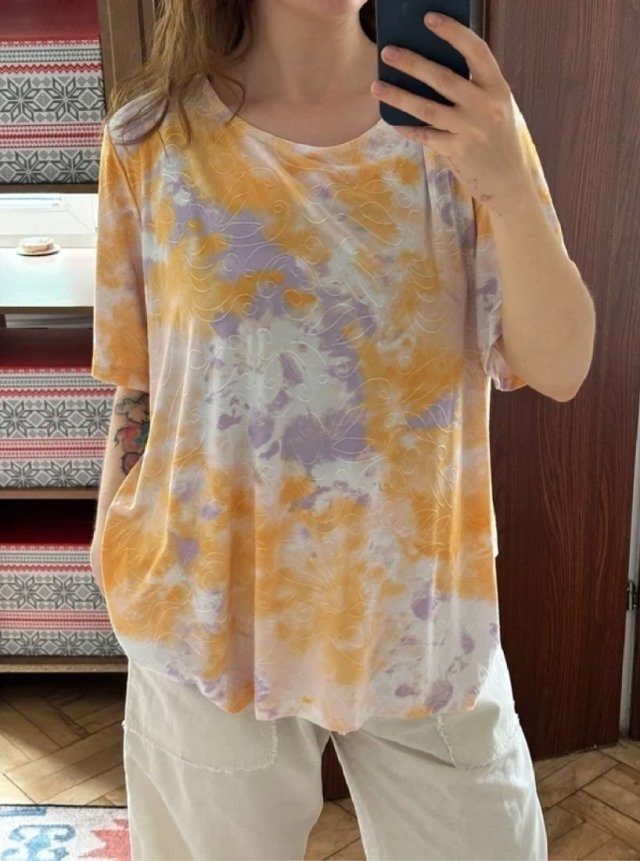 Tie dye bluzka żółto-fioletowa JM Collection 8XL haftowane liście oversize 8XL / 56 / 28