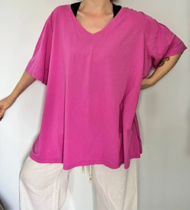 Różowy T-shirt oversize dekolt V Lane Bryant Plus Size 9XL / 58 / 30