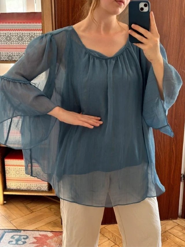 LC Lauren Conrad szyfonowa bluzka zwiewna elegancka falbany błękitna premium 8XL / 56 / 28