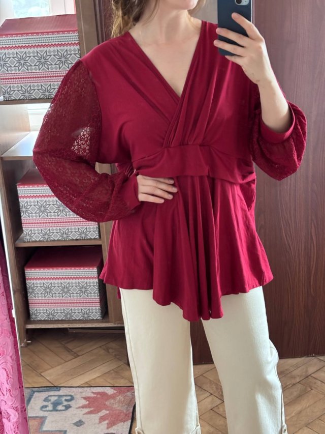 Bordowa kopertowa bluzka Allegra K z koronkowymi rękawami 4XL / EU 56–58