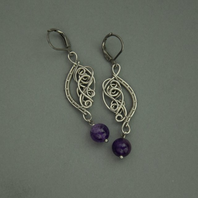 Kolczyki z ametystami, stal chirurgiczna, wire wrapping, ametyst