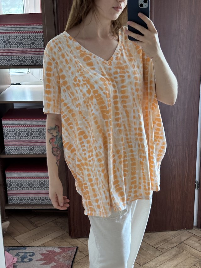 bluzka bawełniana damska Plus Size, pomarańczowo-biała tie-dye  8XL / 56 / 28