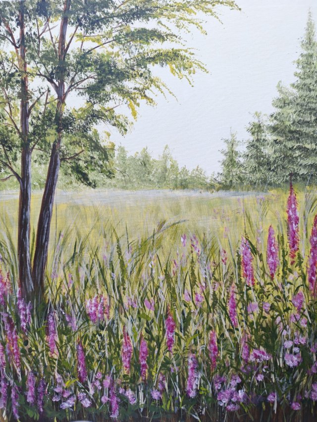 DUŻY KWIECISTY I NASTROJOWY PEJZAŻ MALOWANY NA PŁÓTNIE - "SIELSKI ŚWIT" 50x40cm